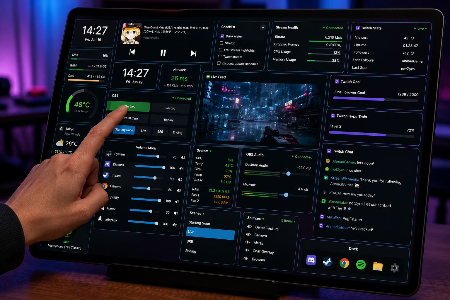 A finger tapping a tile on the TouchCompanion surface on a touch screen.